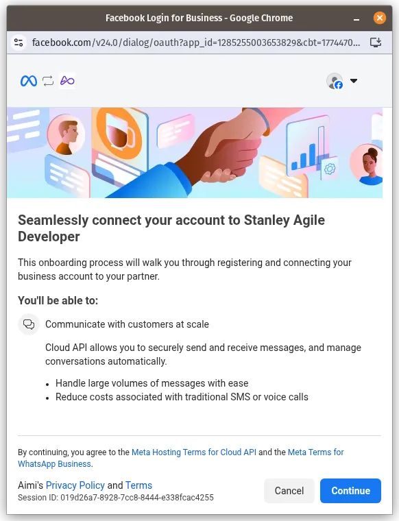 Meta Embedded Signup welcome screen showing the benefits of connecting your account to Aimi