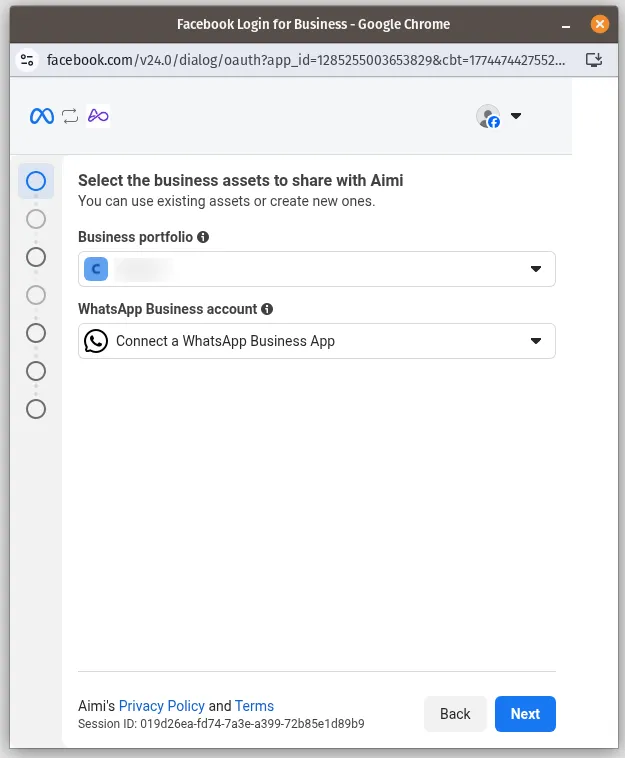 Meta Embedded Signup screen for selecting business portfolio and WhatsApp Business account