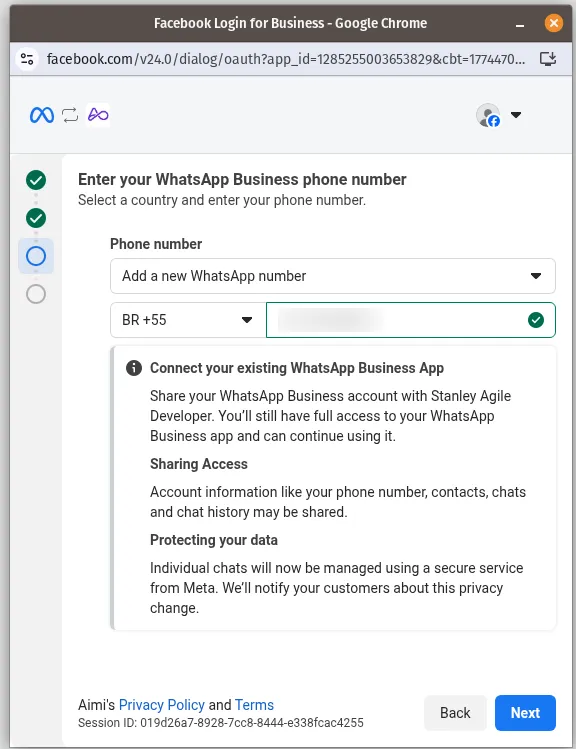 Meta Embedded Signup screen showing details about connecting your existing WhatsApp Business App and data sharing