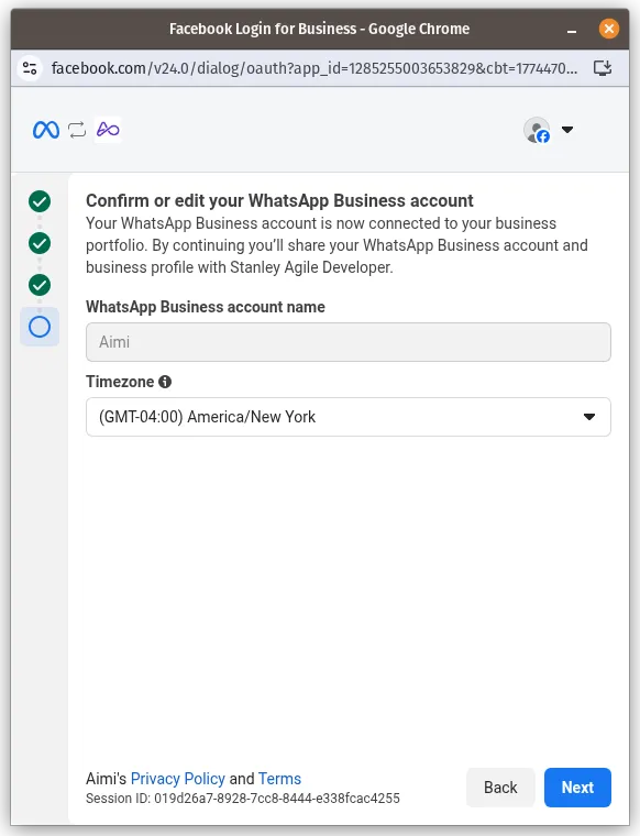Meta Embedded Signup screen for confirming WhatsApp Business account name and timezone settings